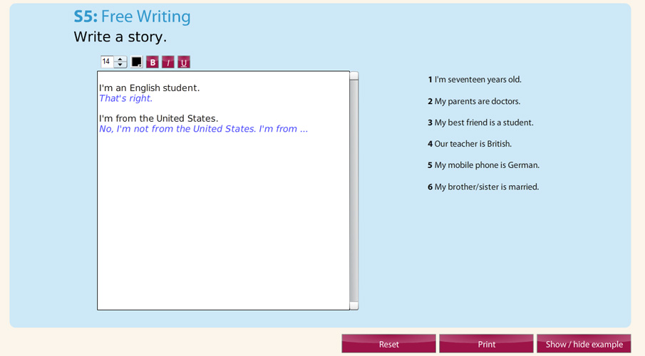 Screenshot of free writing digital activity