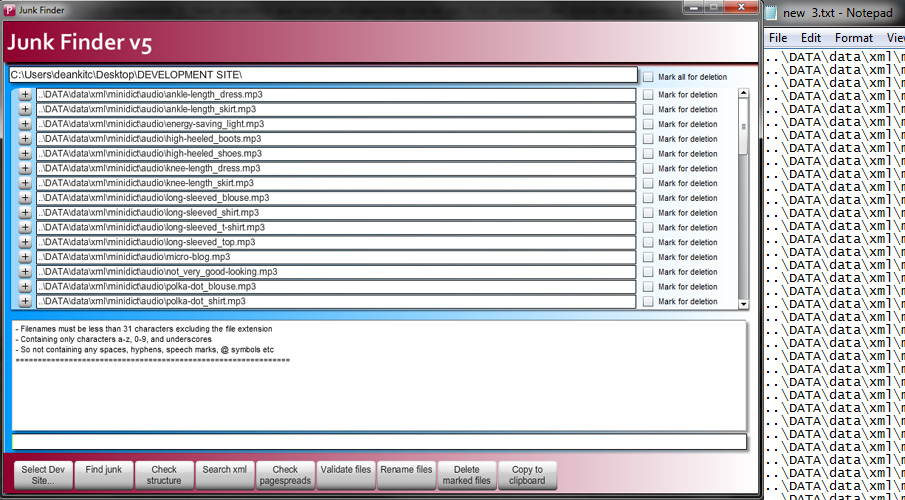 Screenshot of junk finder app running on Windows operating system